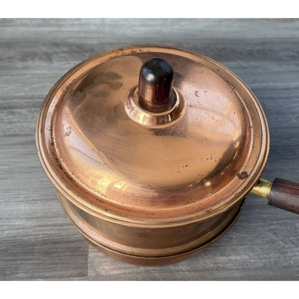 Vintage Bongusto Italy Copper Double Boiler Pan Pot Lid Wood Handle 1834 Patina